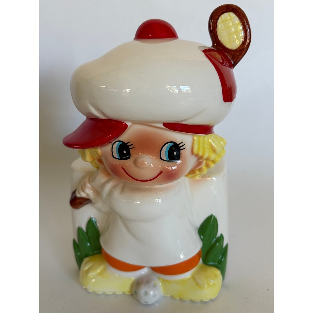 Vintage Kitsch Japan Golf Ceramic Planter Pencil Cup Kewpie Hand Painted MCM